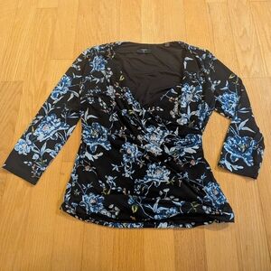 Tahari Black and Blue Floral Wrap Top